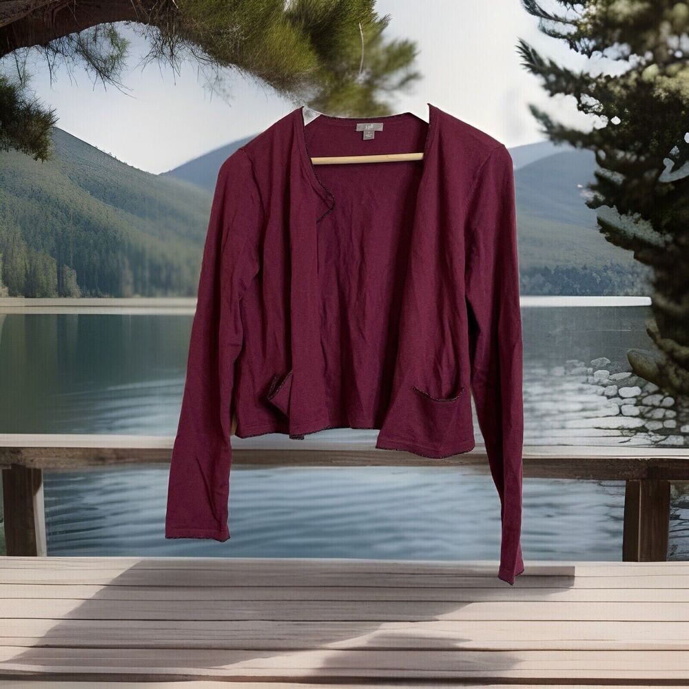 J. JILL Women's Small Open Front Burgundy Wool Blend Cardigan Sweater Casual